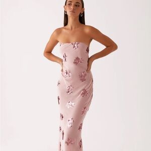 Peppermayo Sweet Escape Sequin Maxi Dress - Strapless Baby Pink Floral